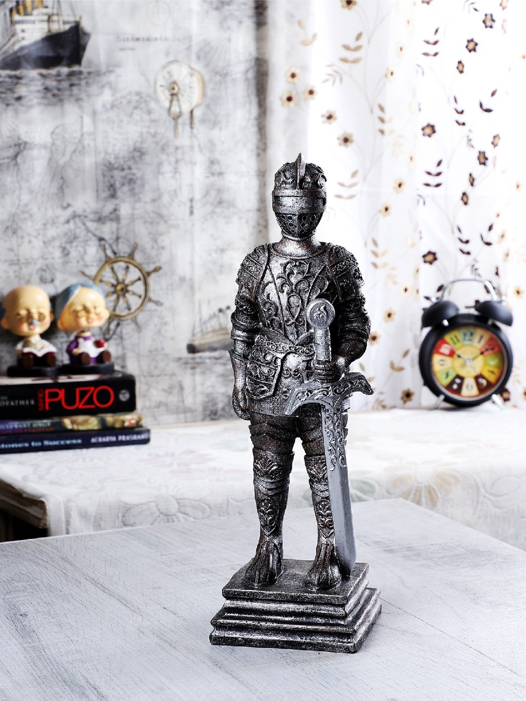 

EXIM DECOR Silver-Toned Armour with Sword Military Man Miniature Showpiece