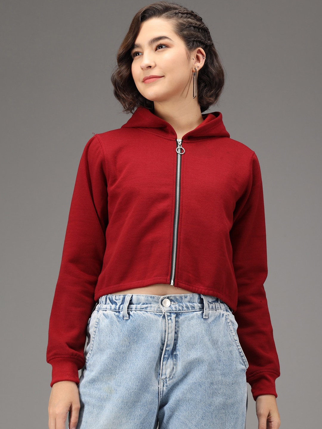 

Kotty Women Maroon Solid Fleece Hooded Front-Open Crop Sweatshirt