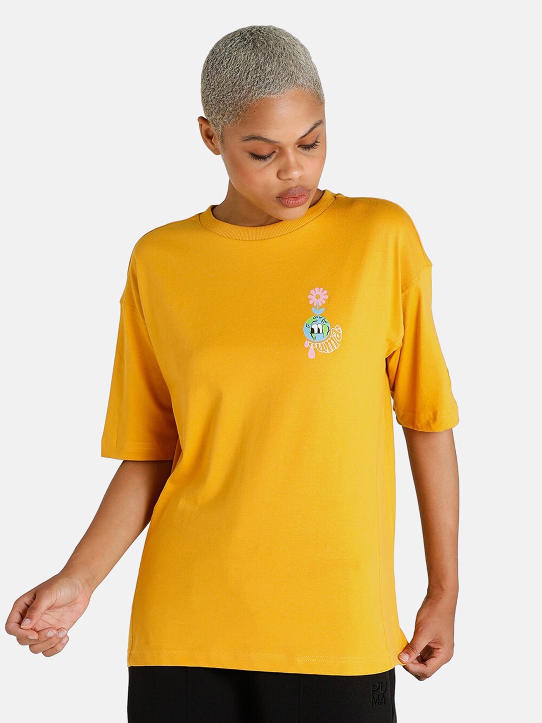 

Puma Women Yellow Printed Cotton Downtown Graphic Loose T-shirt