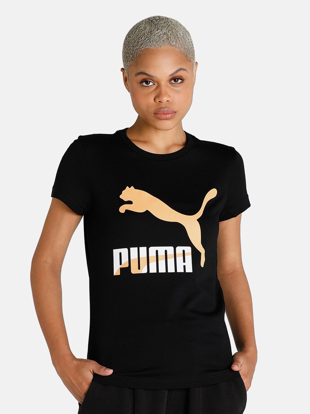 

Puma Women Black Brand Logo Printed T-shirt