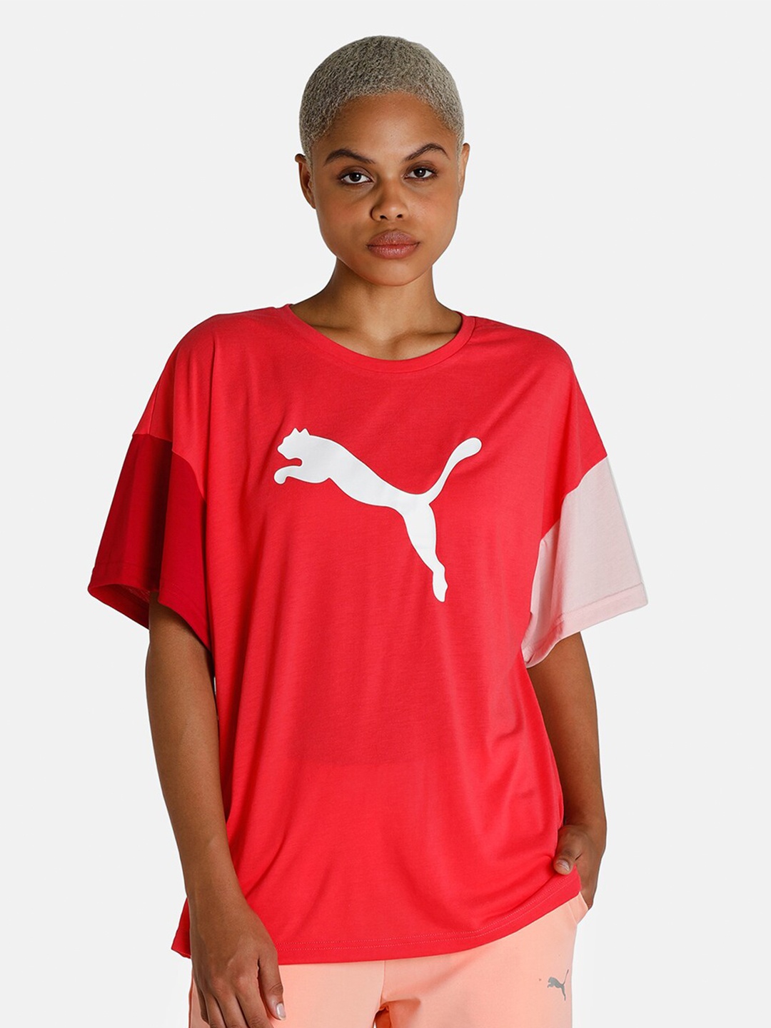 

Puma Women Pink Brand Logo Colourblocked Drop-Shoulder Sleeves Loose T-shirt