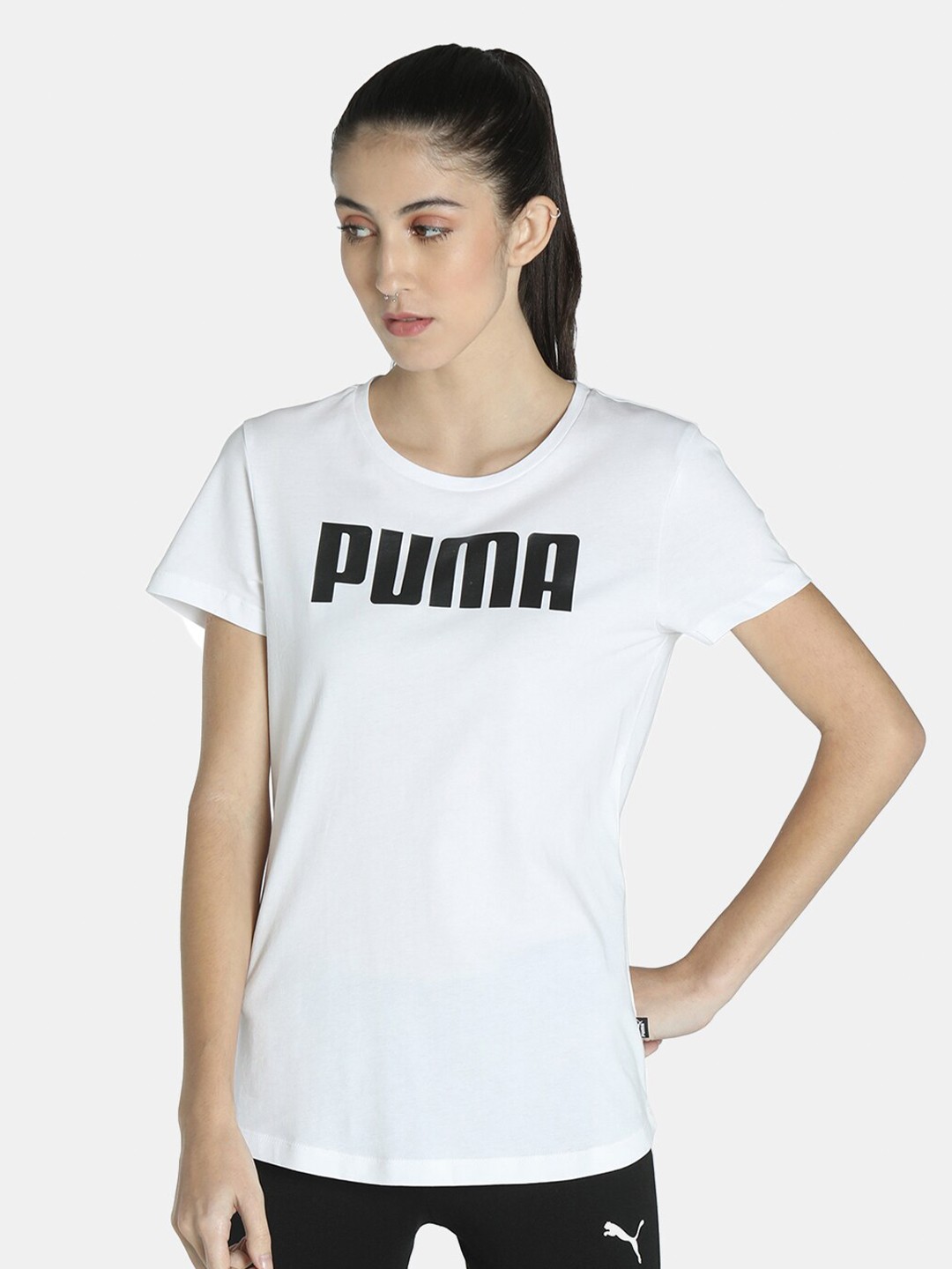 

Puma Women White & Black Brand Logo T-shirt
