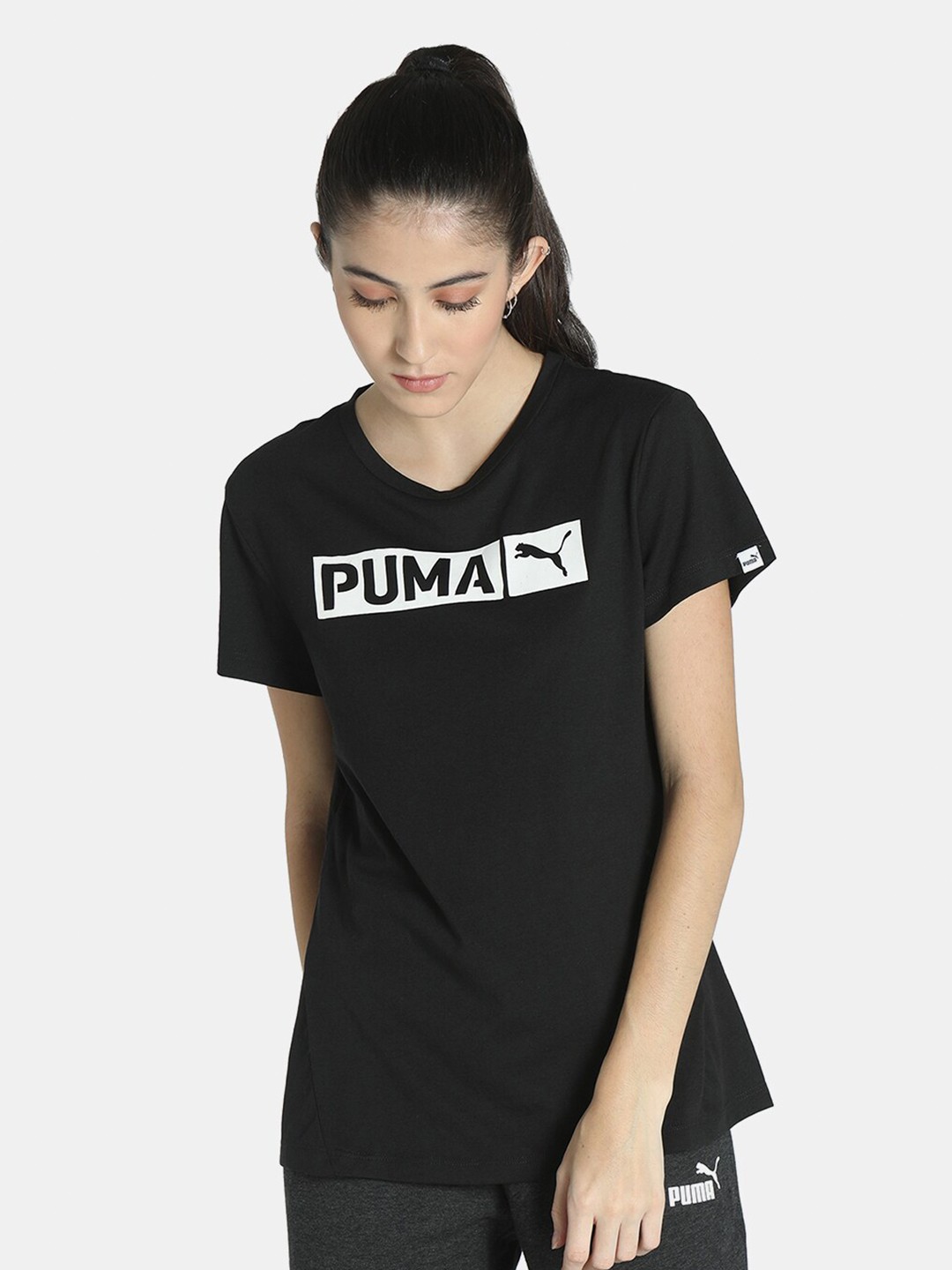 

Puma Women Black Brand Logo Printed V-Neck T-shirt