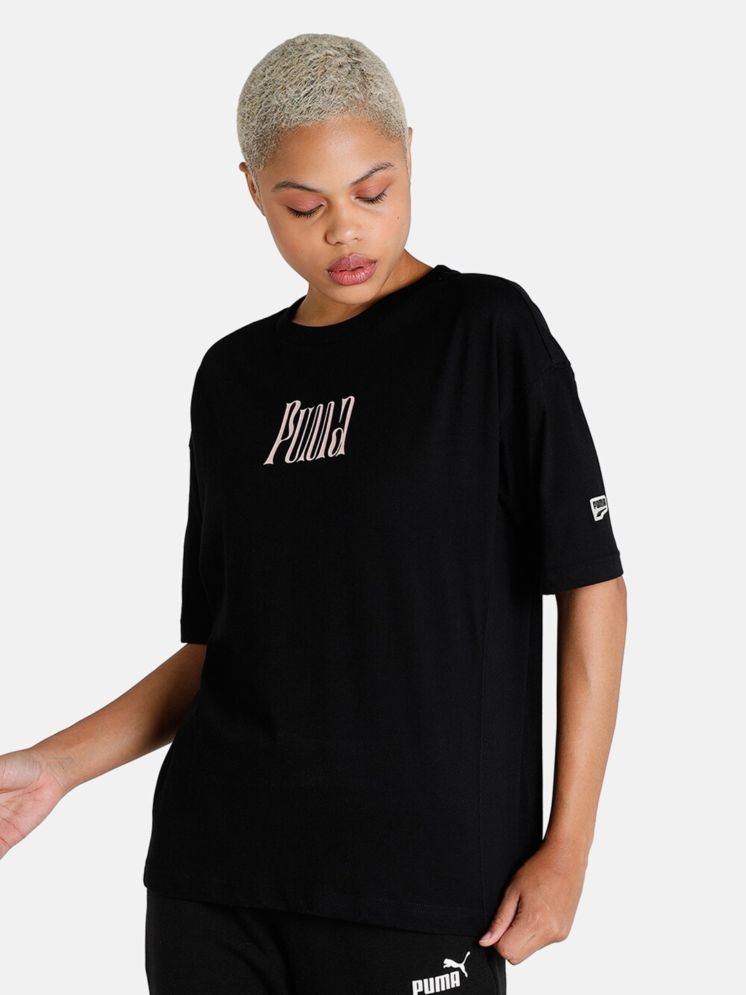 

Puma Women Black Typography Printed Drop-Shoulder Sleeves T-shirt