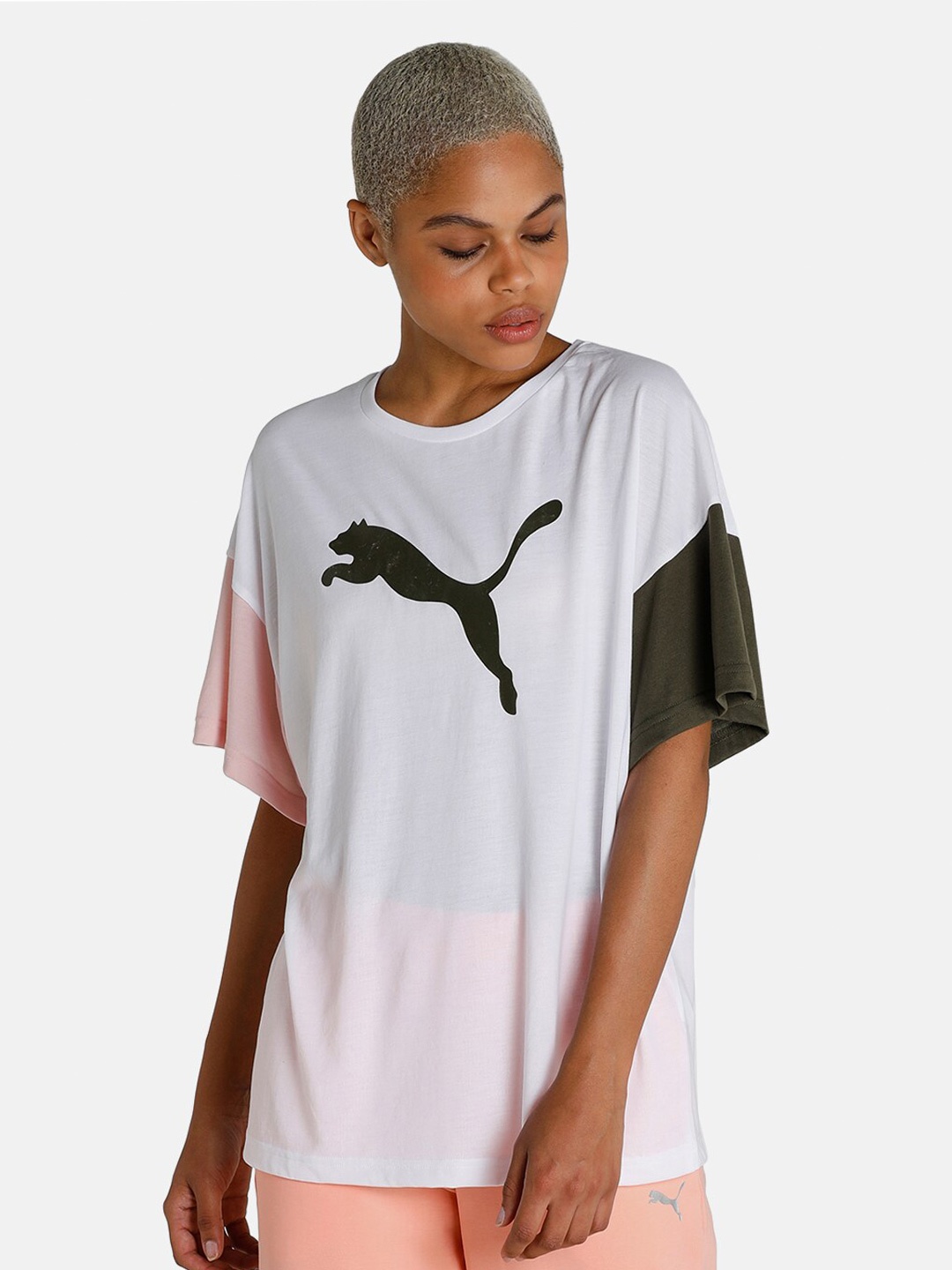 

Puma Women White & Black Brand Logo Printed Drop-Shoulder Sleeves T-shirt