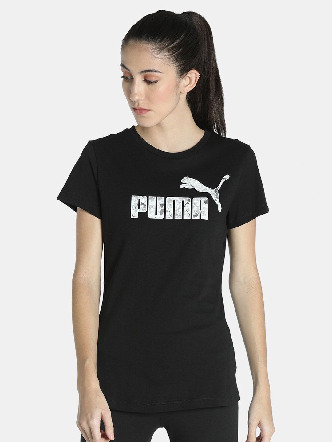 

Puma Women Black Brand Logo Printed Slim Fit T-shirt