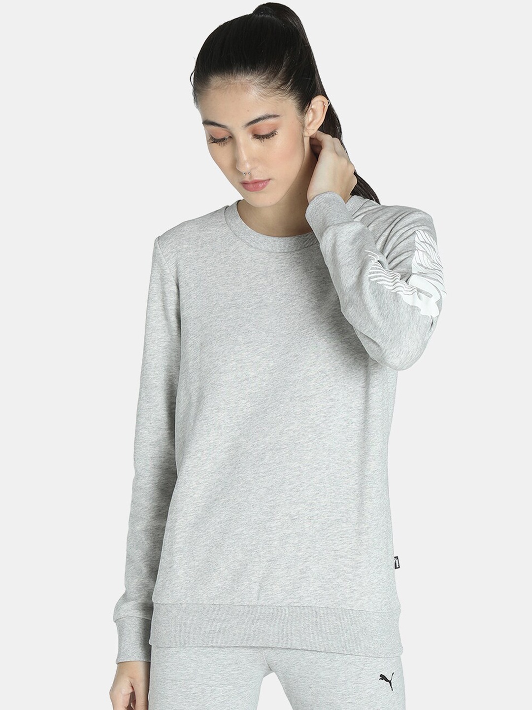 

Puma Women Grey Printed Essential Graphic Regular Fit Elongated Sweatshirt