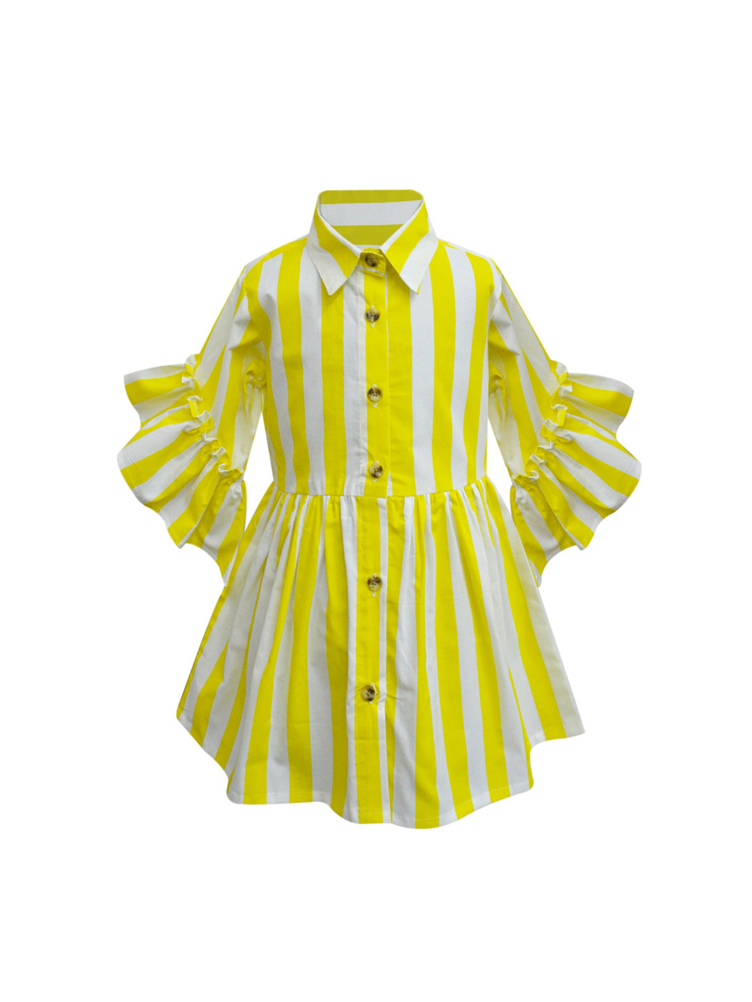 

A T U N Girls Pure Cotton Yellow & White Striped Shirt Dress