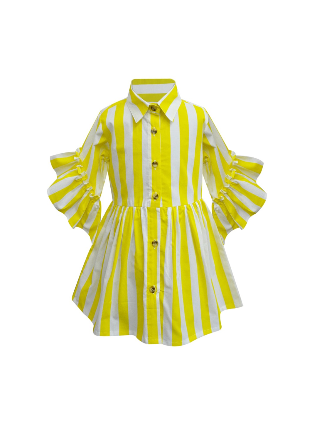 

A T U N Girls Yellow & White Pure Cotton Striped Shirt Dress