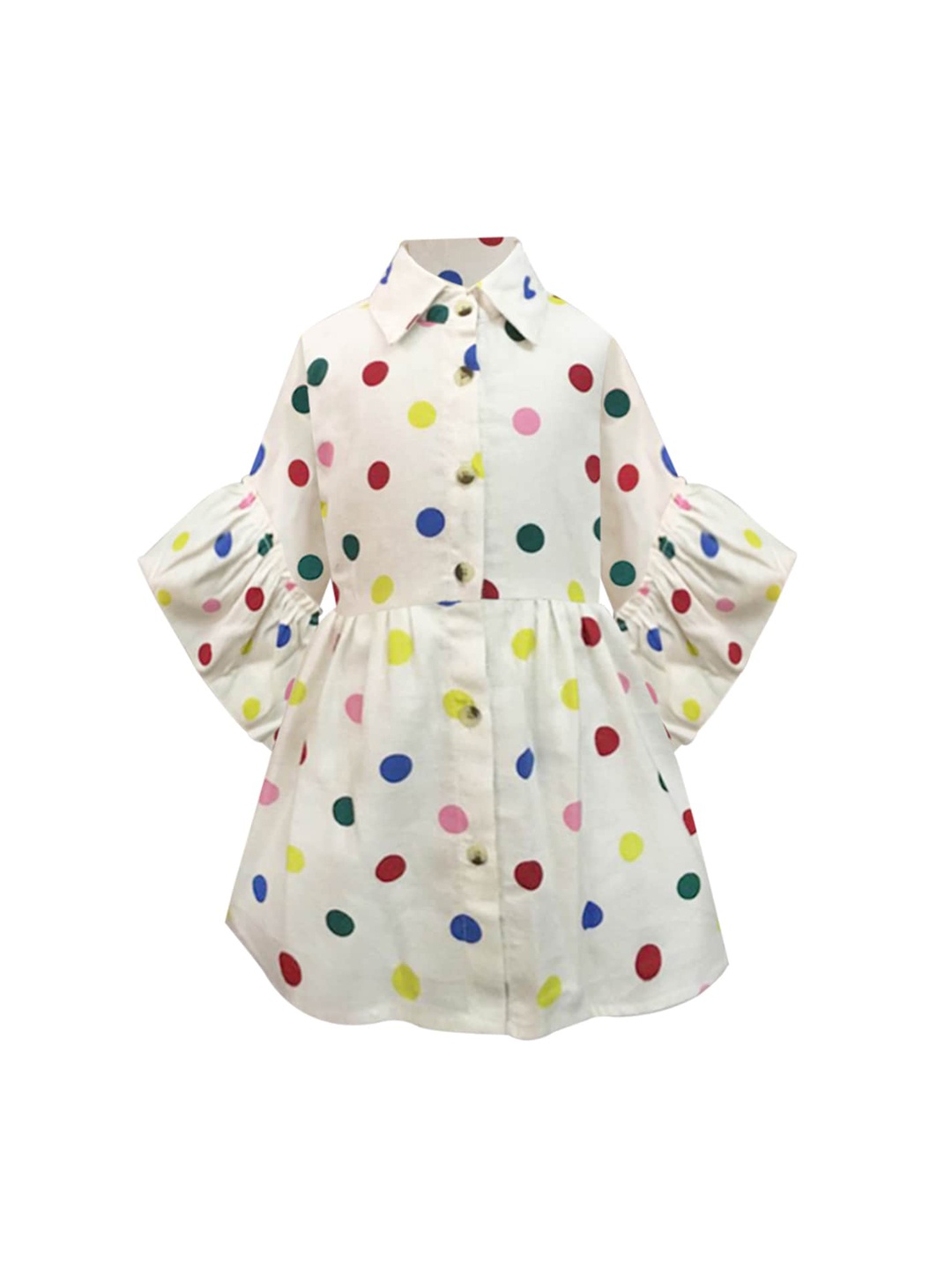 

A T U N Girls Off White & Blue Printed Pure Cotton Shirt Dress
