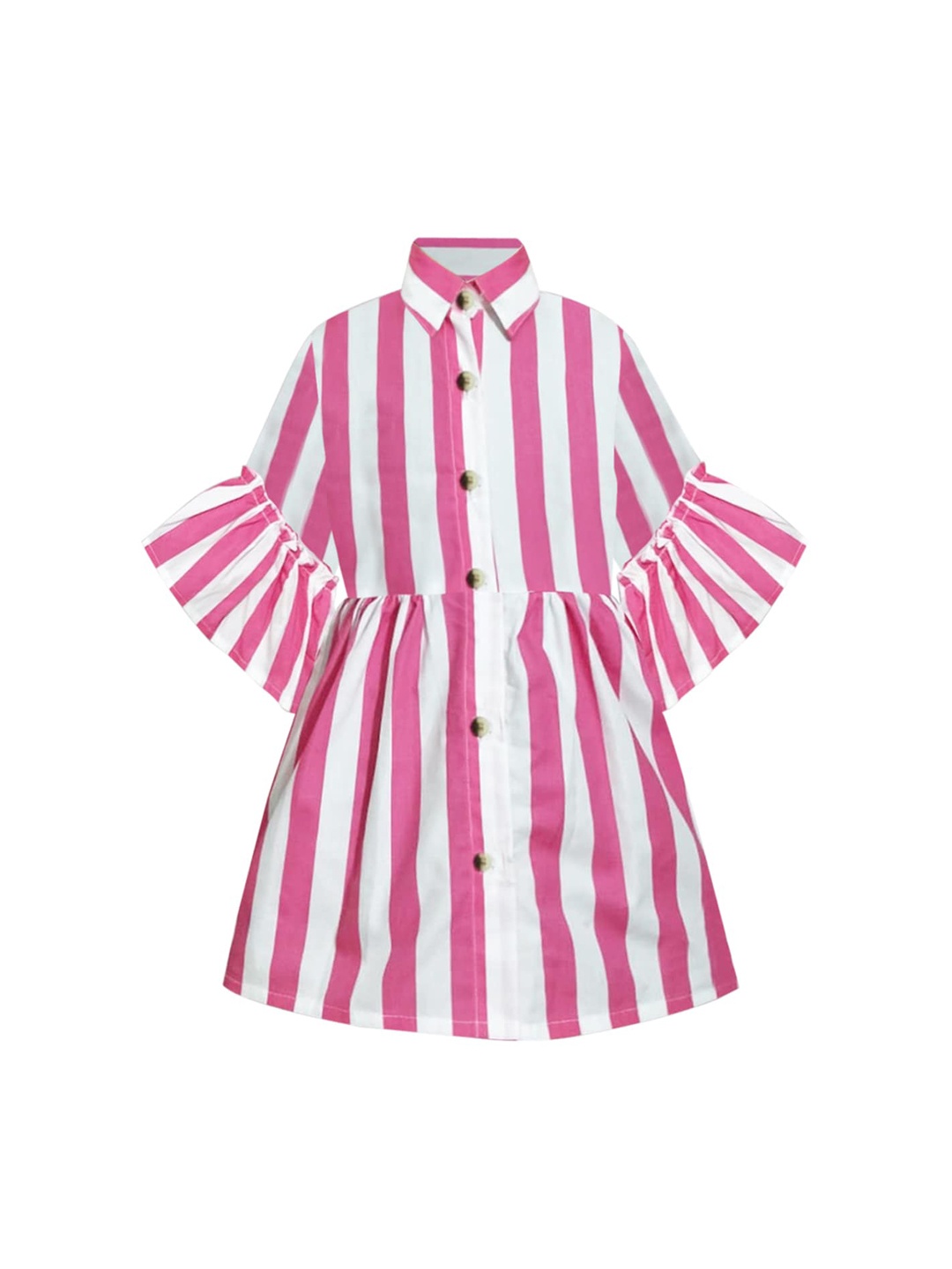 

A T U N Girls Cotton White & Pink Striped Shirt Dress