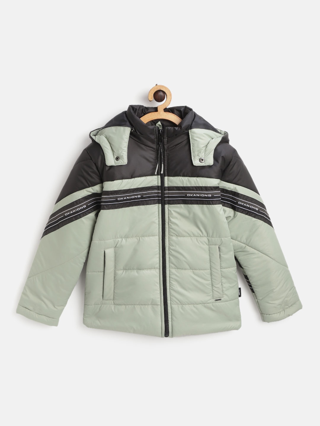 

Okane Boys Green & Black Colourblocked Padded Jacket with Detachable Hood