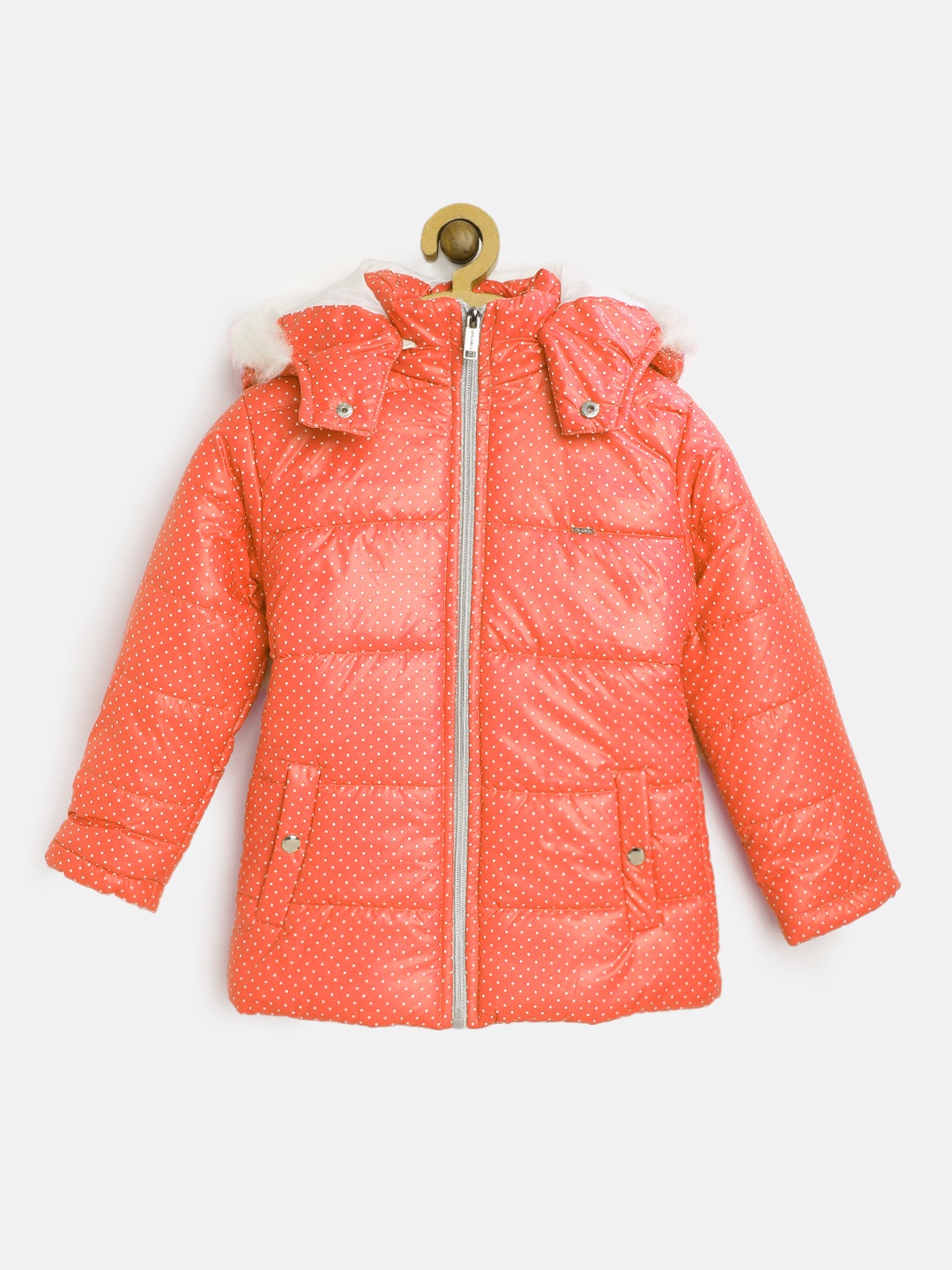 

Okane Girls Orange & White Dot Print Hooded Parka Jacket