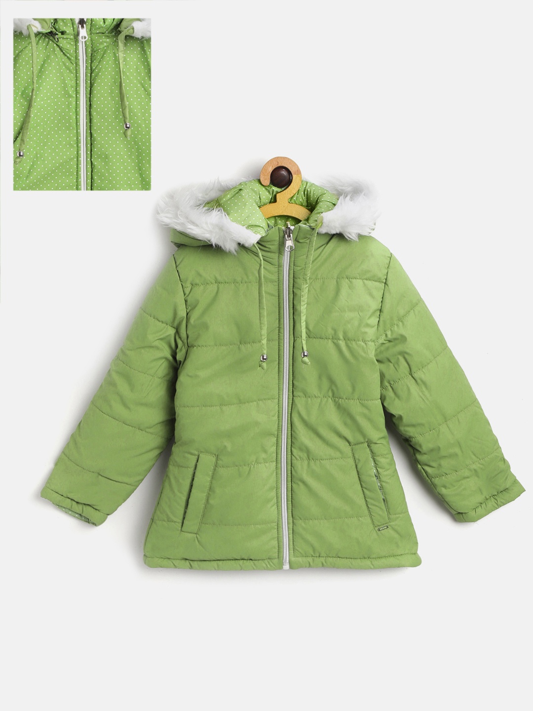 

Okane Girls Green Polka Dot Print Reversible Parka Jacket with Detachable Hood