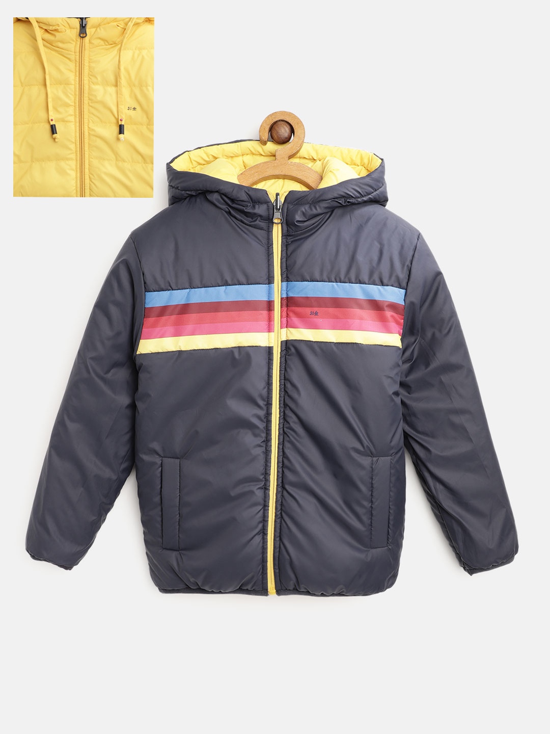

Okane Boys Navy Blue & Yellow Striped Hooded Reversible Padded Jacket