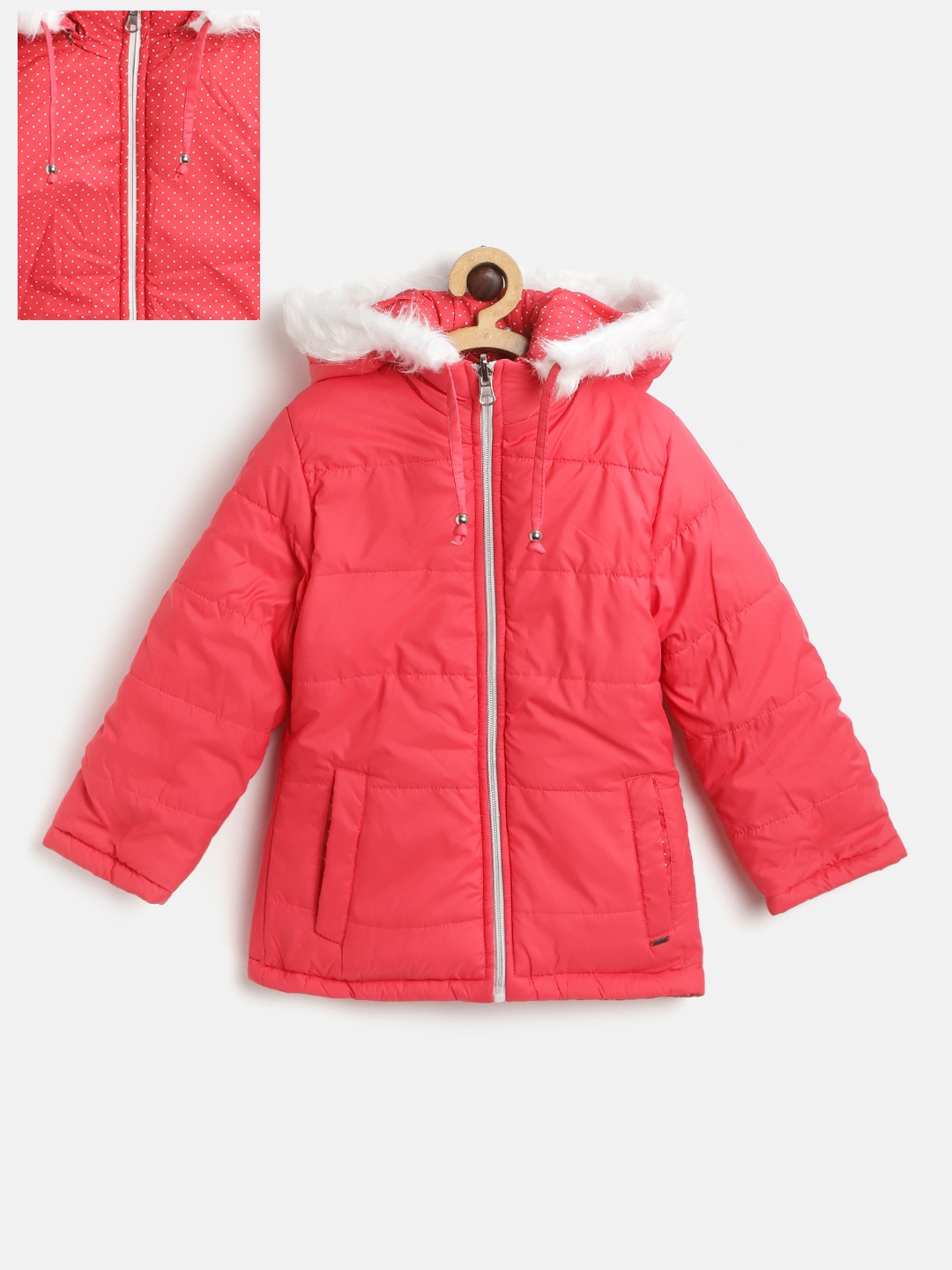 

Okane Girls Coral Red Solid Reversible Hooded Parka Jacket with Faux Fur Trim