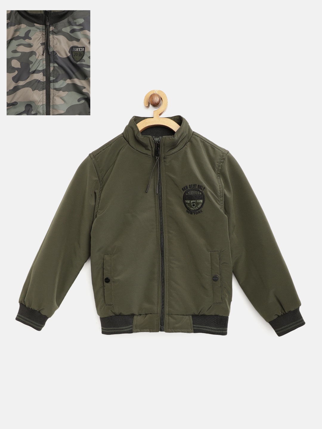 

Okane Boys Olive Green & Black Solid Reversible Bomber Jacket