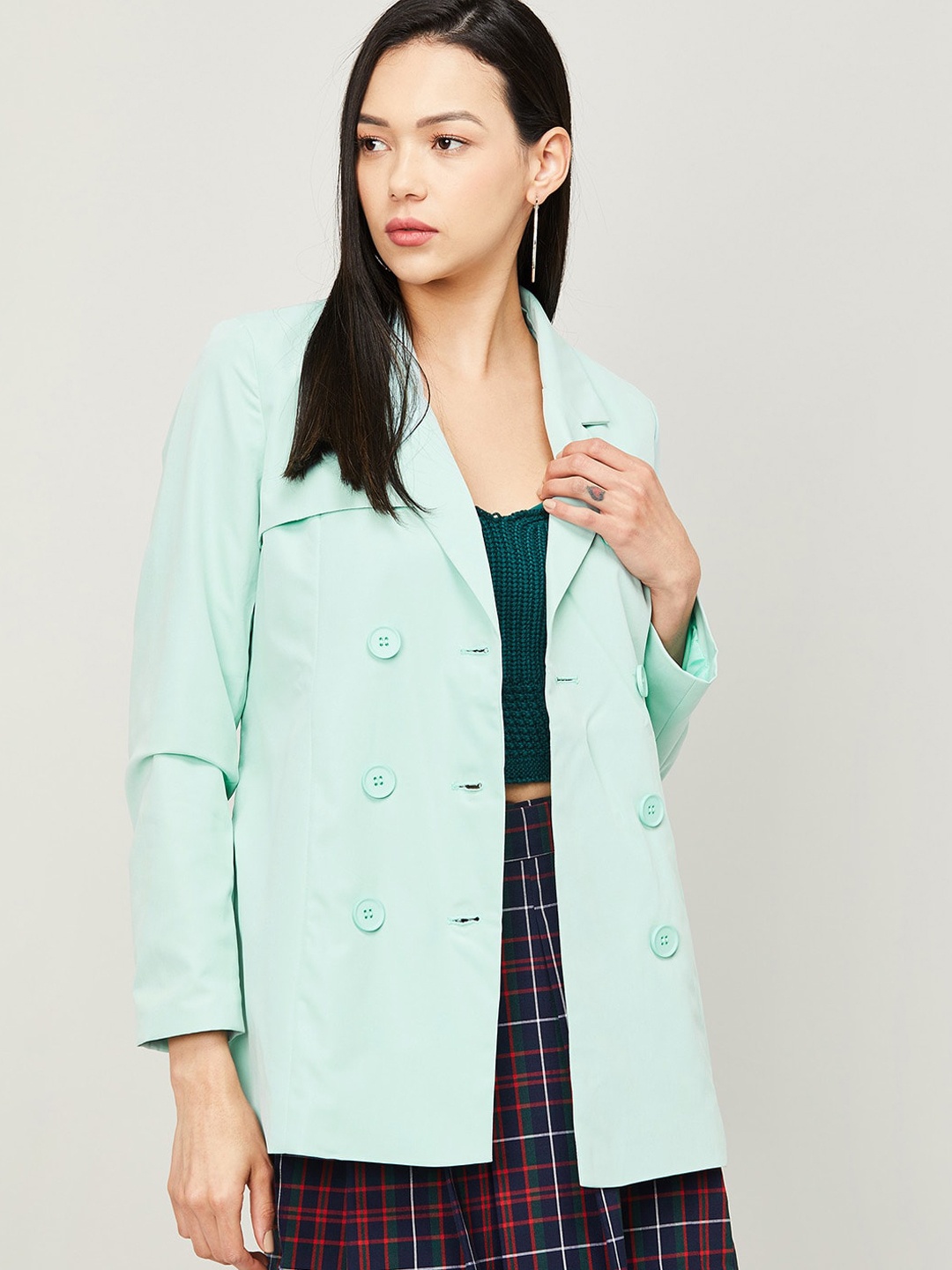 

Bossini Women Green Washed Longline Tailored Jacket, Sea green