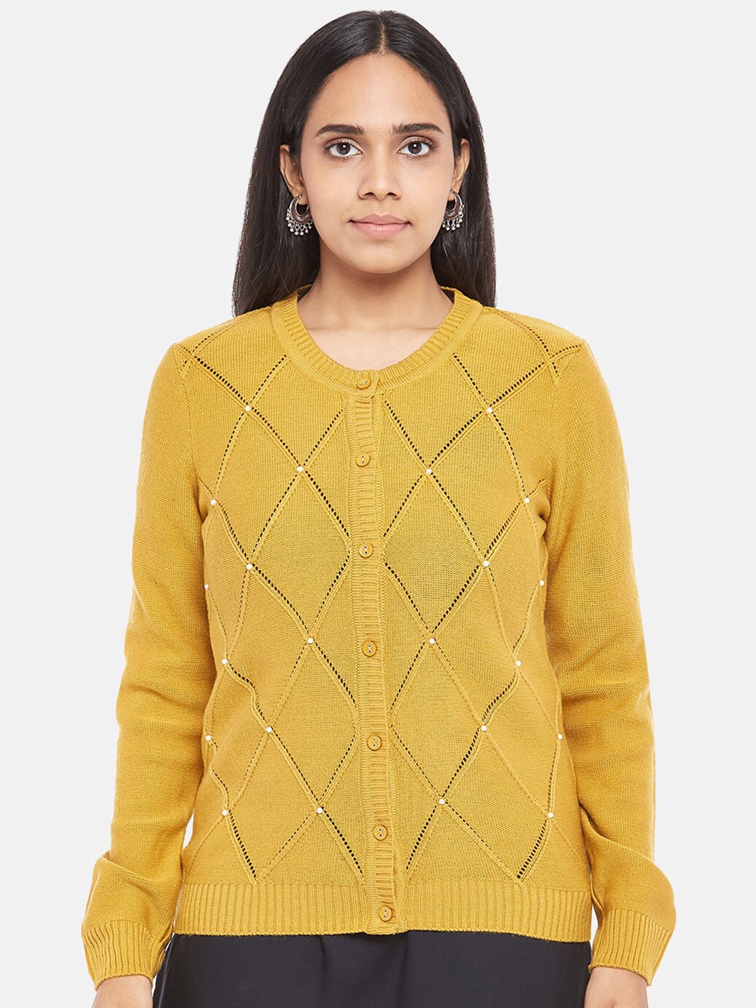 

RANGMANCH BY PANTALOONS Women Mustard Acrylic Cardigan with Embellished Detail