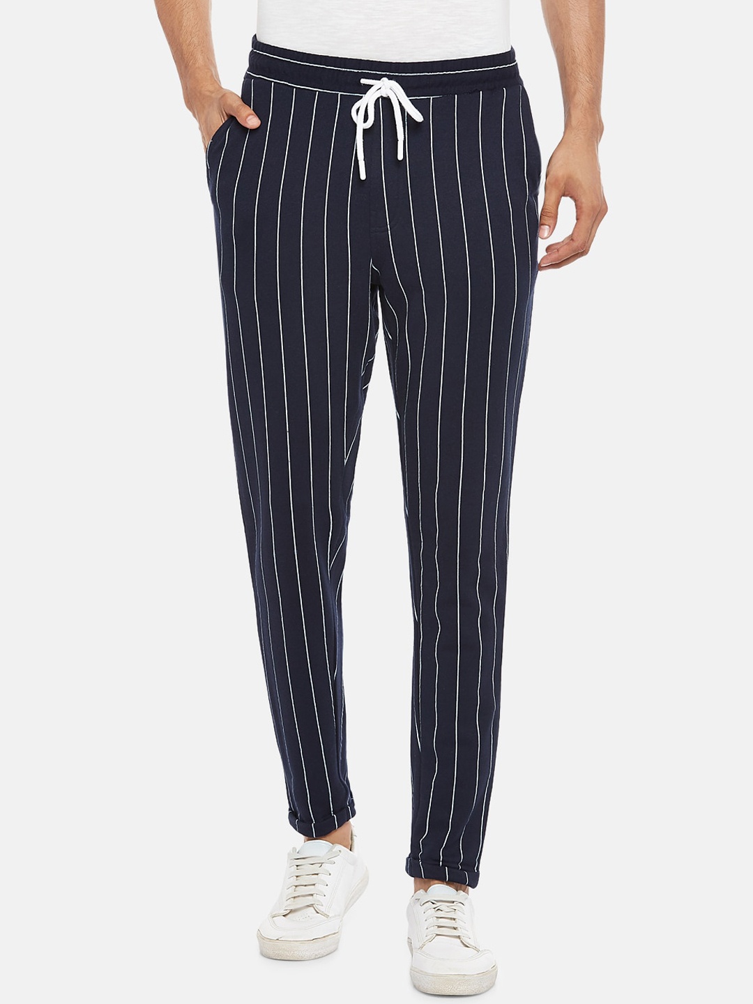 

People Men Navy Blue Striped Slim Fit Cotton Trousers