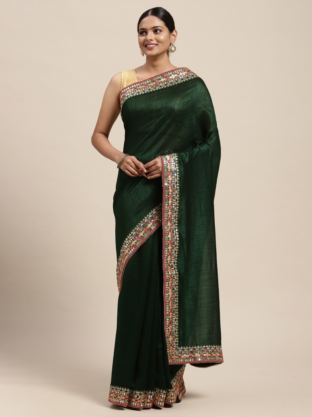 

MOHEY Dark Green Solid Saree