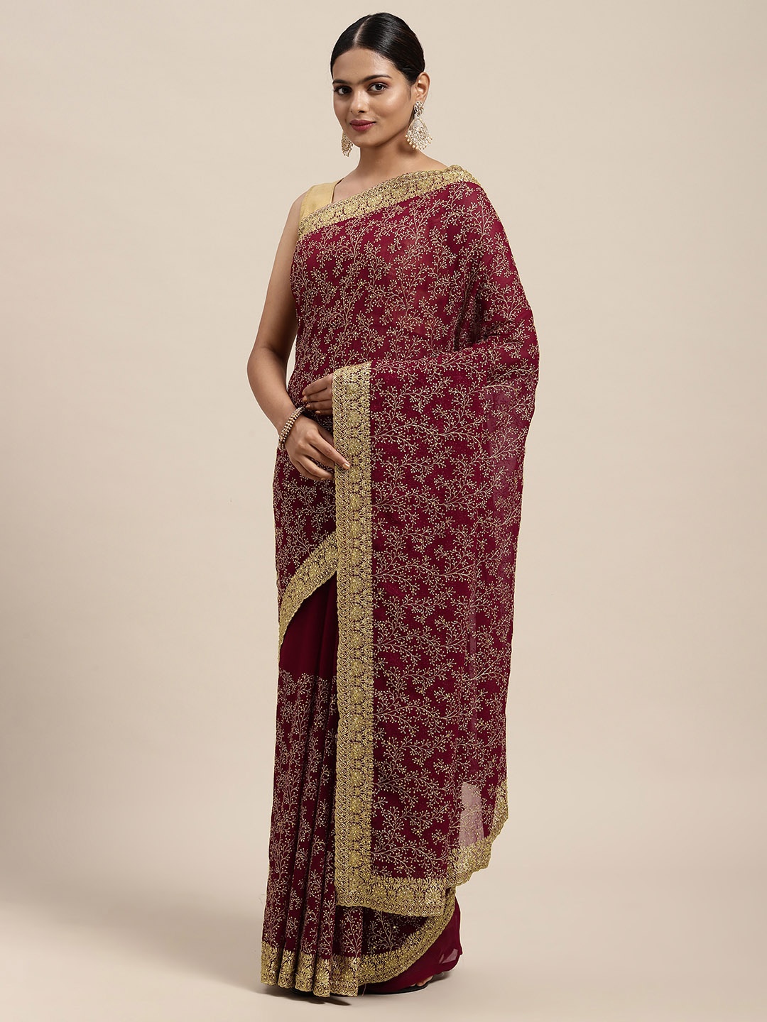 

MOHEY Maroon & Golden Floral Beads and Stones Saree