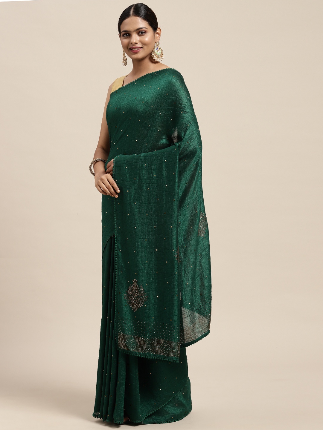 

MOHEY Green & Golden Embellished Beads and Stones Saree