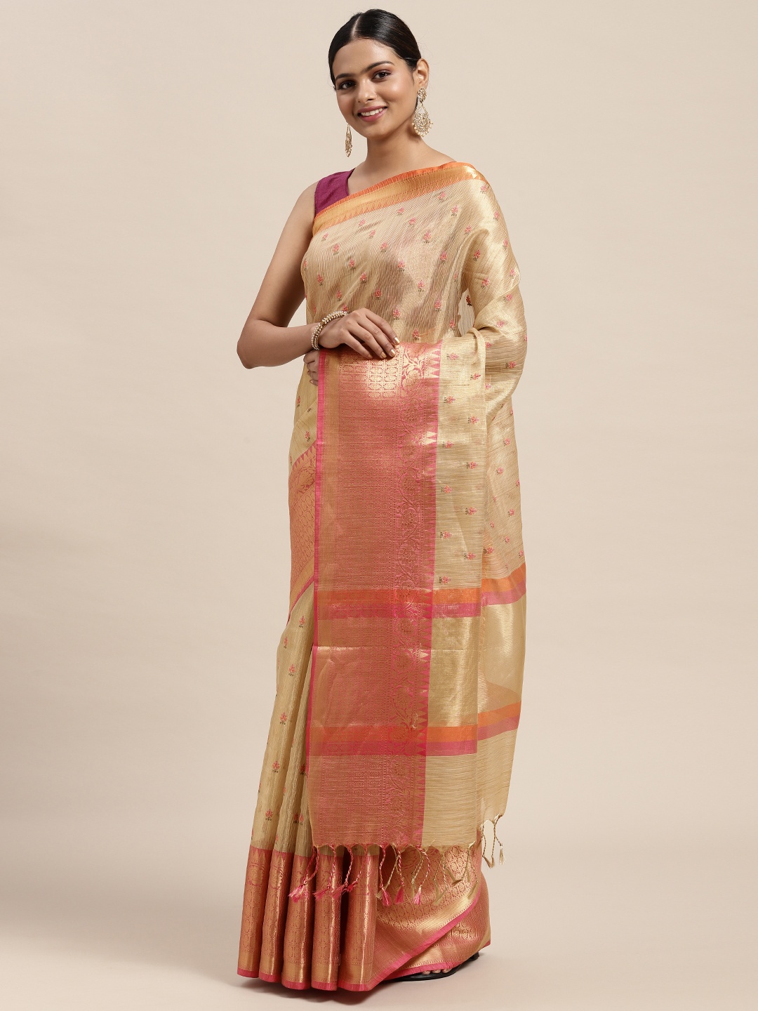 

MOHEY Beige & Pink Ethnic Motifs Embroidered Saree
