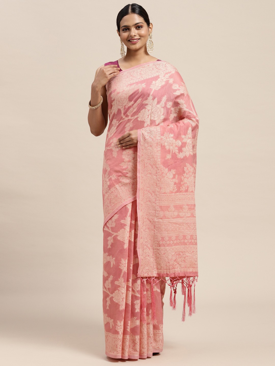 

MOHEY Pink & Off White Floral Embroidered Saree