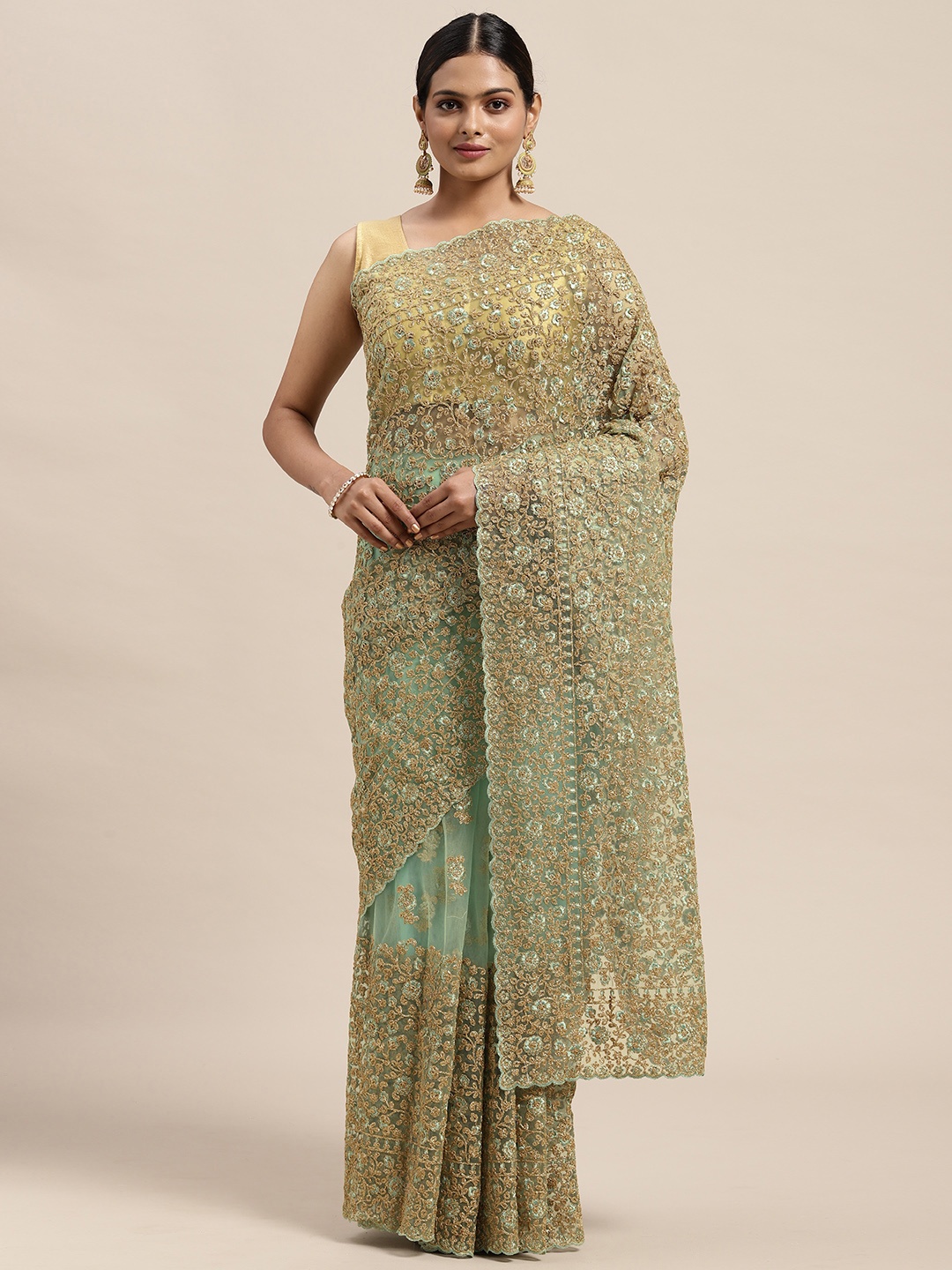 

MOHEY Sea Green & Golden Floral Embroidered Net Heavy Work Saree