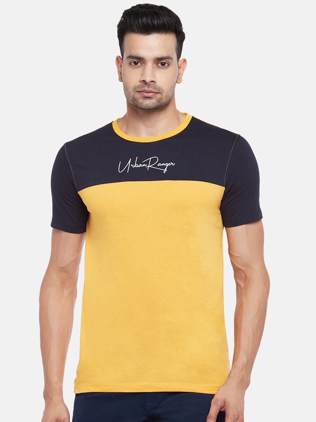 

Urban Ranger by pantaloons Men Mustard & Black Colourblocked Slim Fit Cotton T-shirt