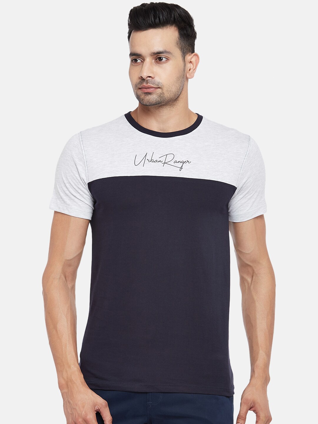 

Urban Ranger by pantaloons Men Grey Melange & Navy Blue Colourblocked Slim Fit T-shirt