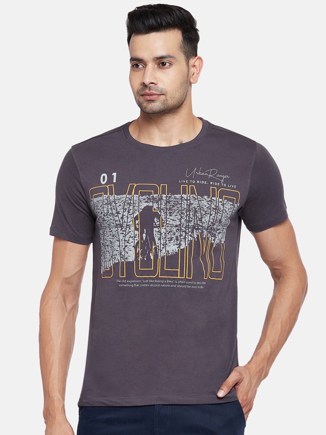 

Urban Ranger by pantaloons Men Charcoal Printed Slim Fit Pure Cotton T-shirt