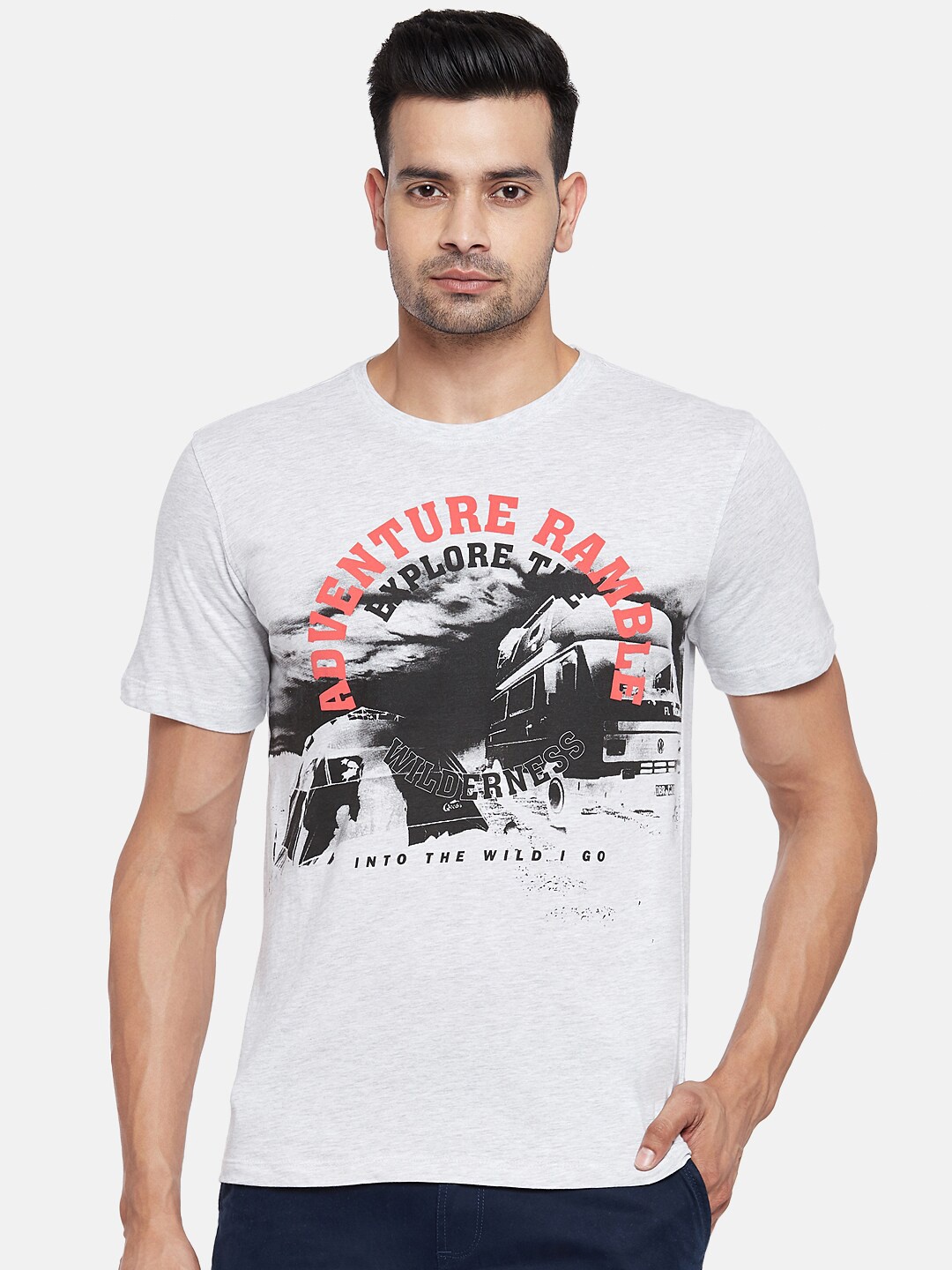 

Urban Ranger by pantaloons Men Grey Melange & Black Printed Pure Cotton Slim Fit T-shirt
