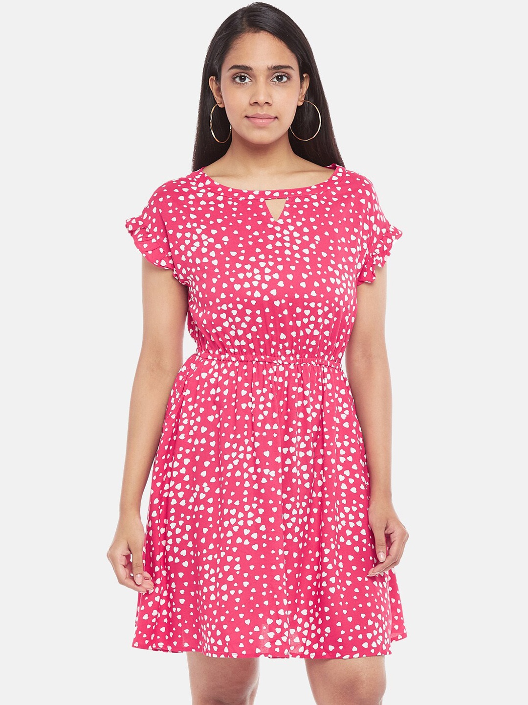 

People Pink & White Abstract Printed Fit & Flare Dress