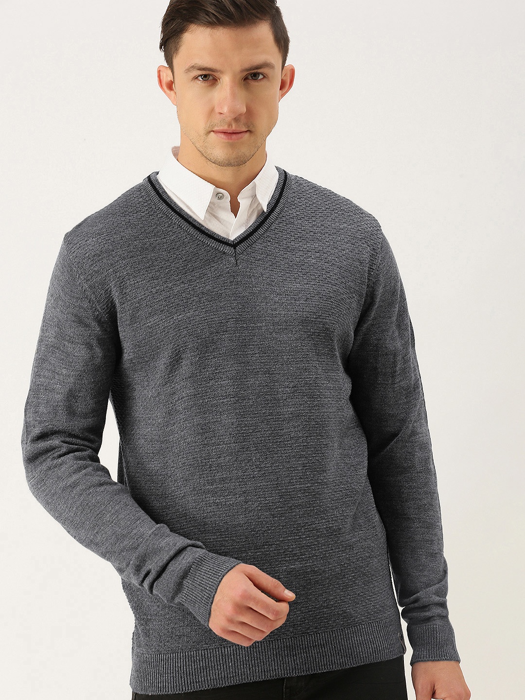 

Peter England Men Grey Self-Design V-Neck Pullover Sweater