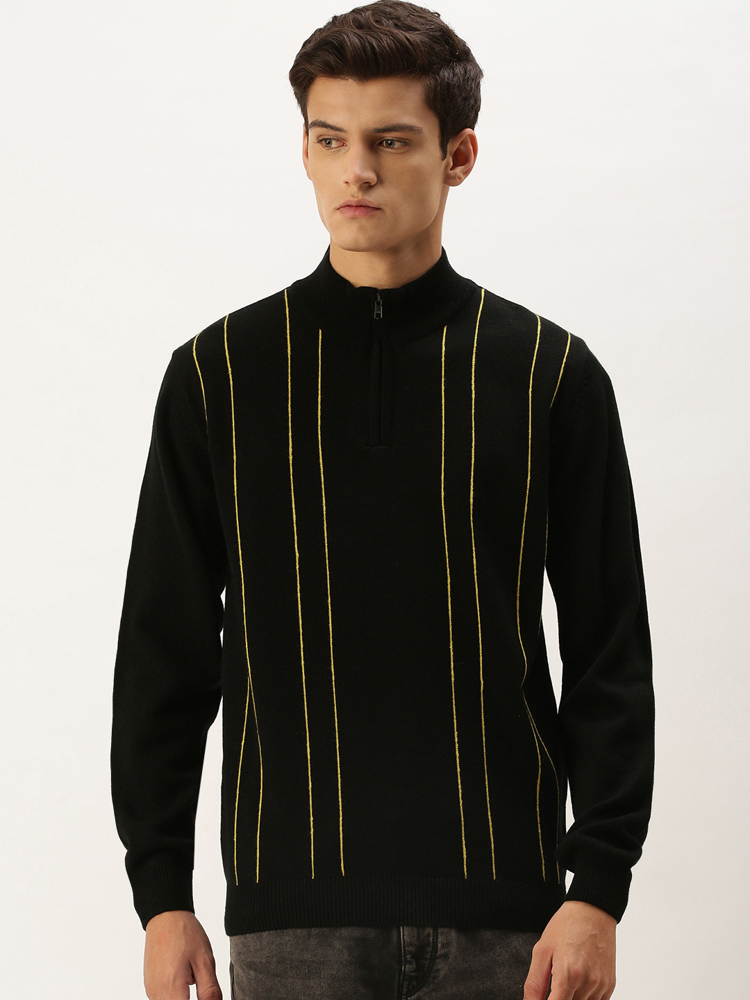 

Peter England Men Black Striped Mock-Collar Pullover Sweater