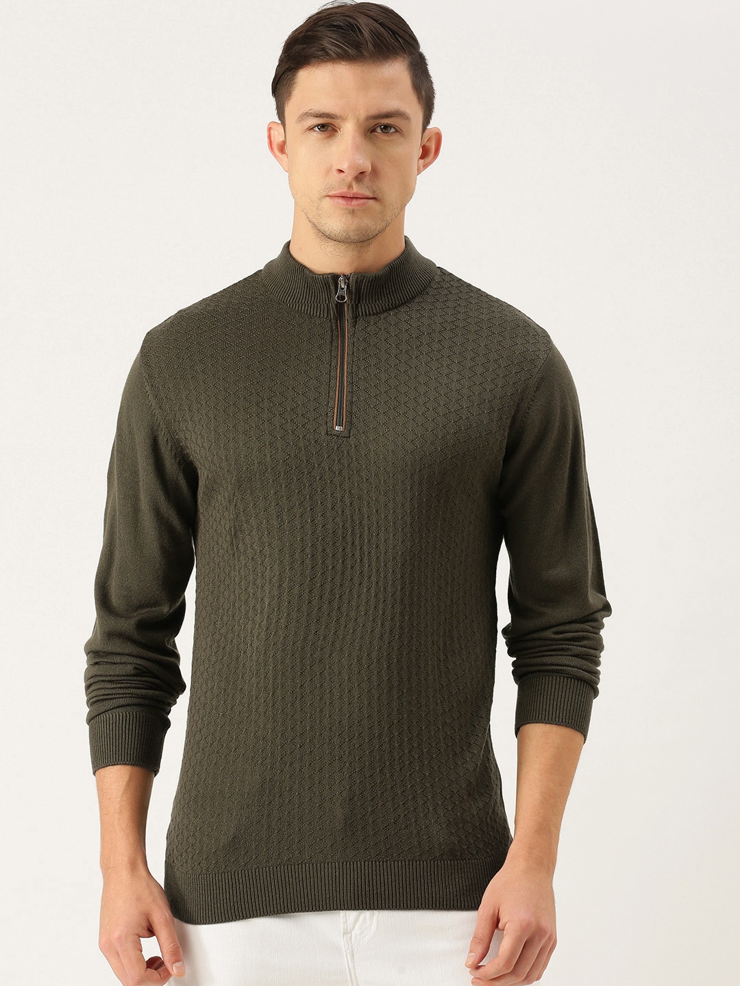 

Peter England Men Olive Green Self-Design Mock-Collar Pullover Sweater