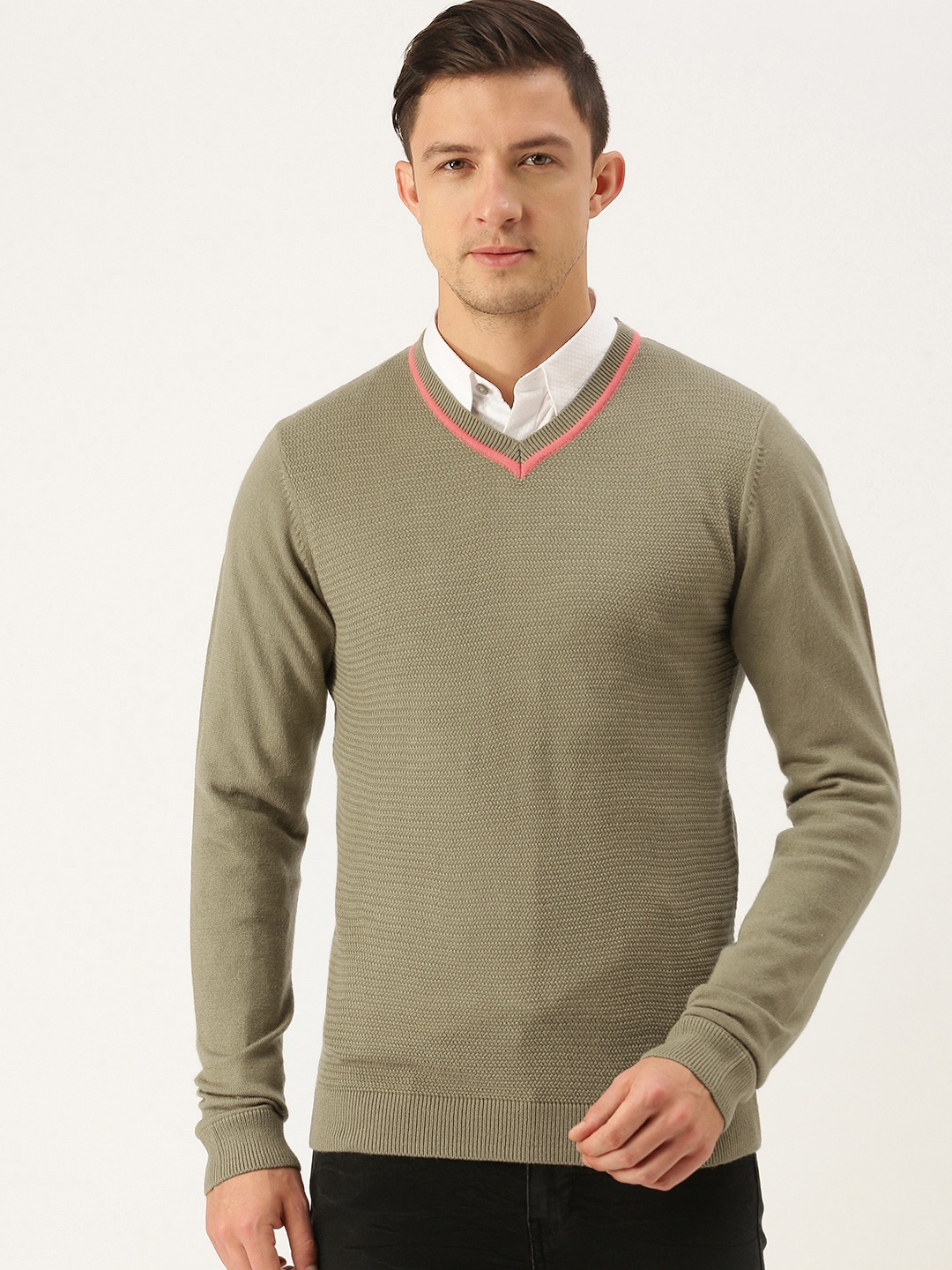 

Peter England Men Beige Self-Design V-Neck Pullover Sweater