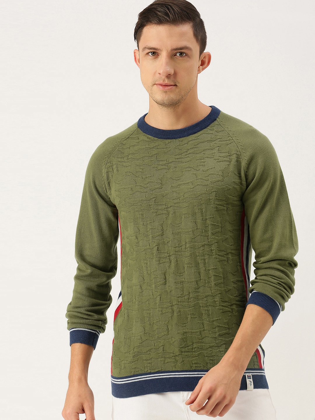

Peter England Men Olive Green Self-Design Pure Cotton Pullover Sweater With Side Stripes