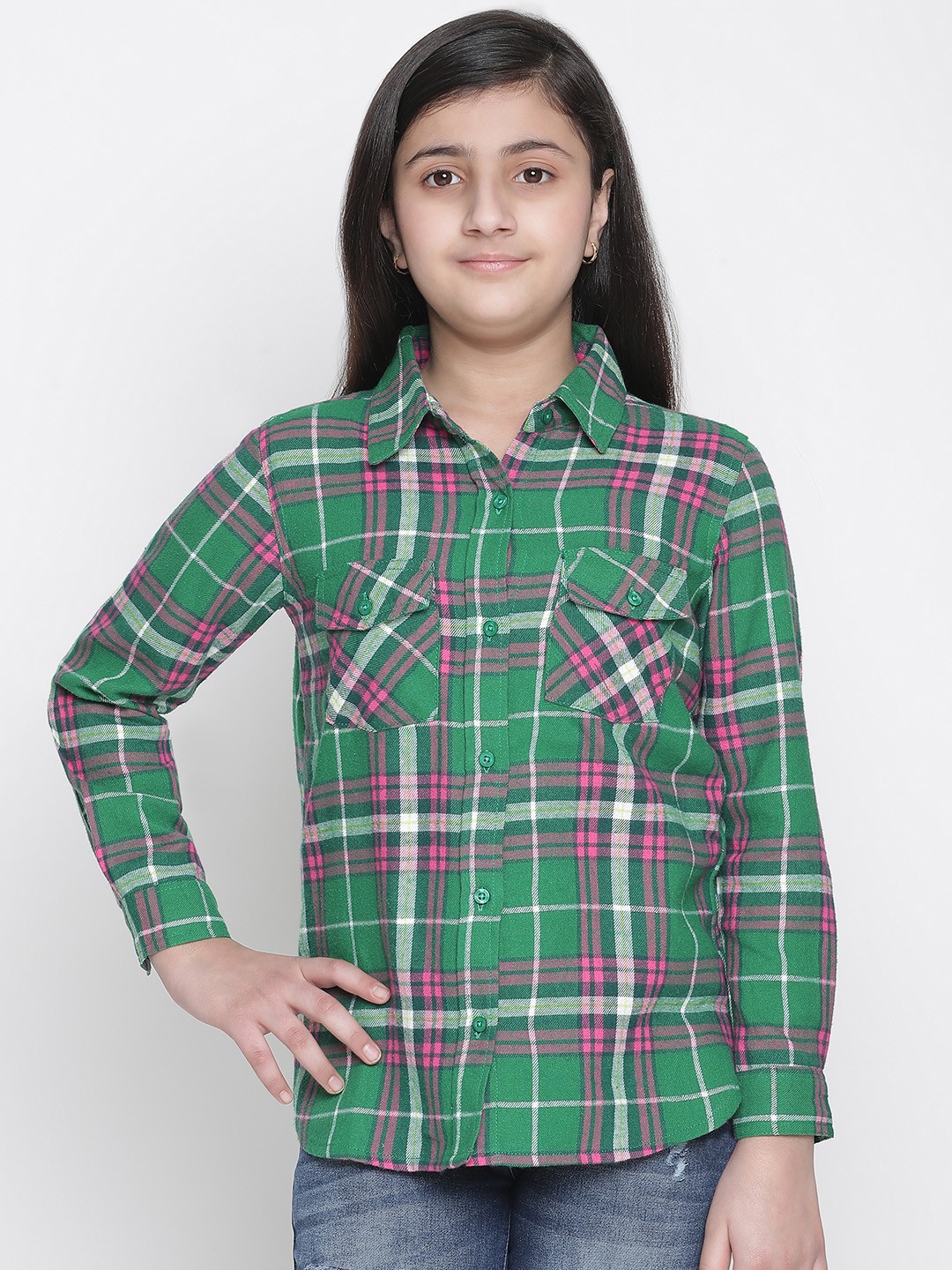 

Oxolloxo Girls Green Tartan Checks Opaque Checked Casual Shirt