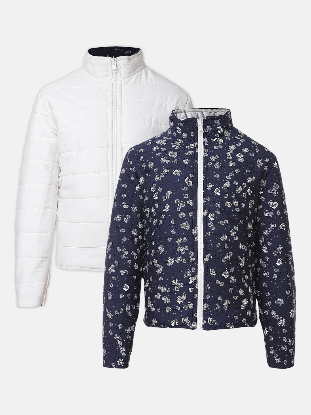 

Oxolloxo Girls Navy Blue Floral Reversible Longline Quilted Jacket