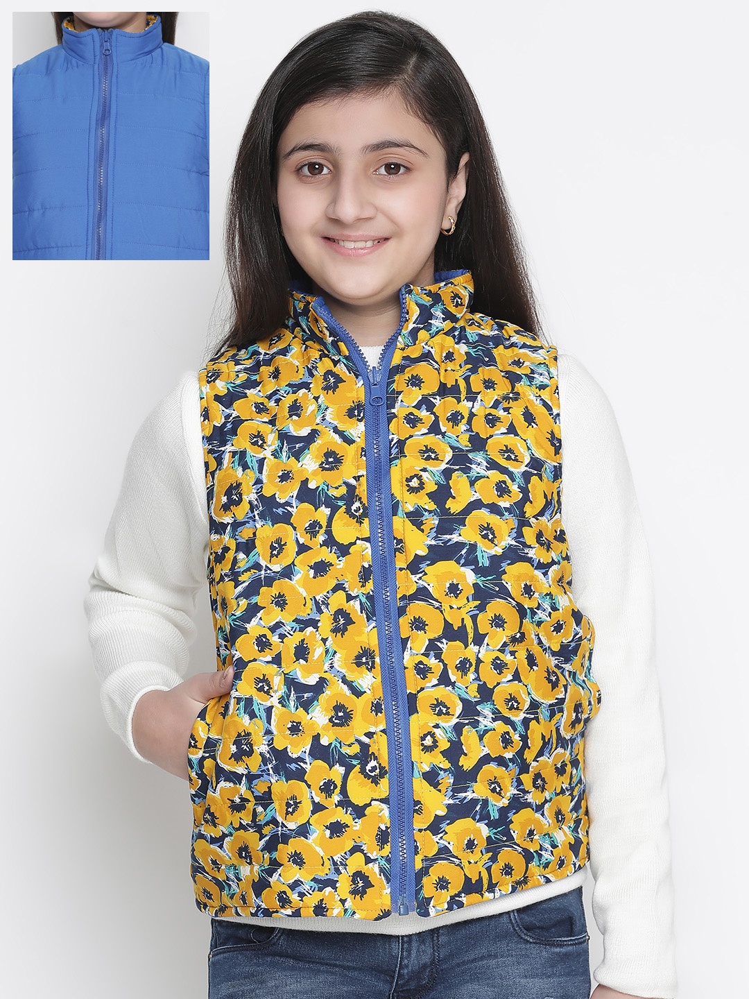 

Oxolloxo Girls Yellow Blue Floral Reversible Quilted Tailored Jacket
