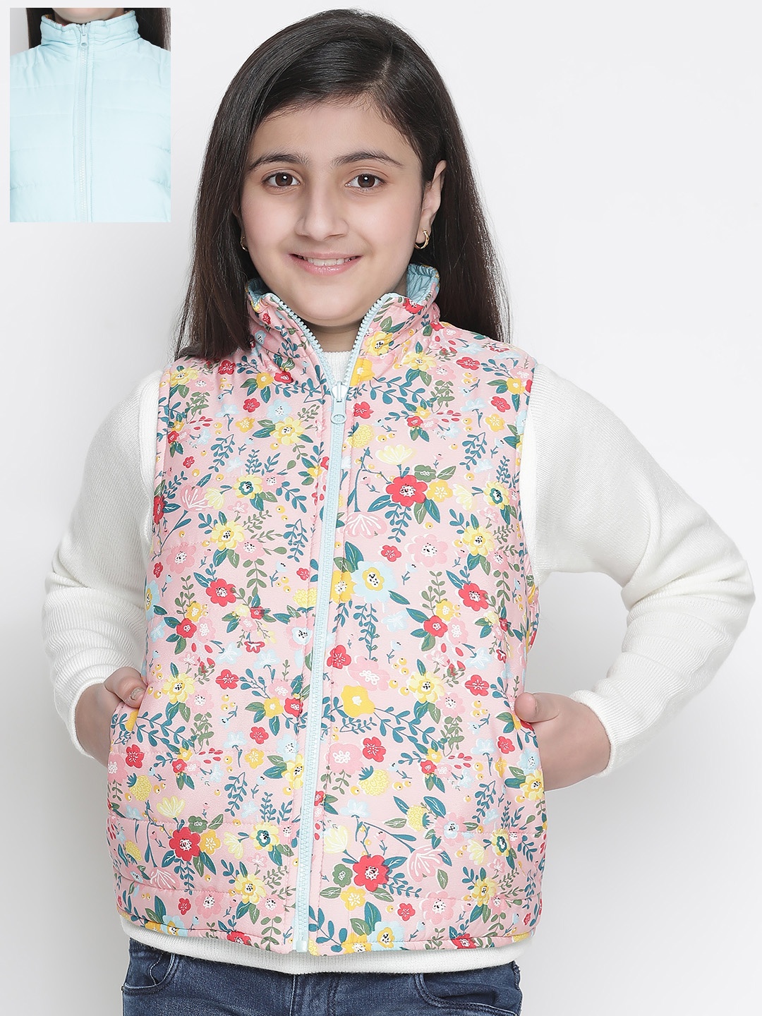

Oxolloxo Girls Multicoloured Floral Printed Reversible Padded Jacket, Multi