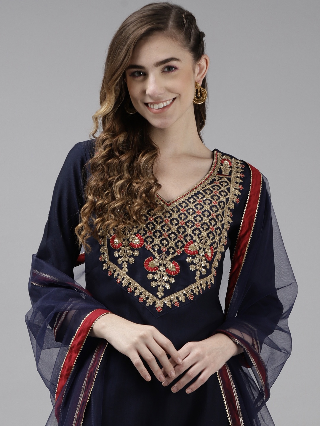 

Indo Era Women Navy Blue Ethnic Motifs Yoke Embroidered Kurta with Palazzos & Dupatta