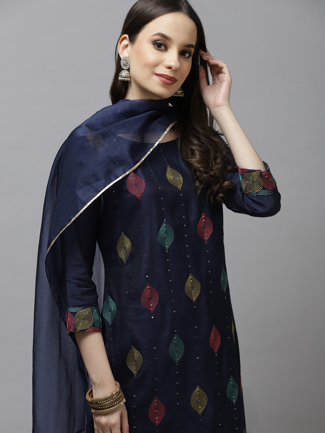 

Indo Era Women Navy Blue & Red Embroidered Sequinned Liva Kurta with Trousers & Dupatta