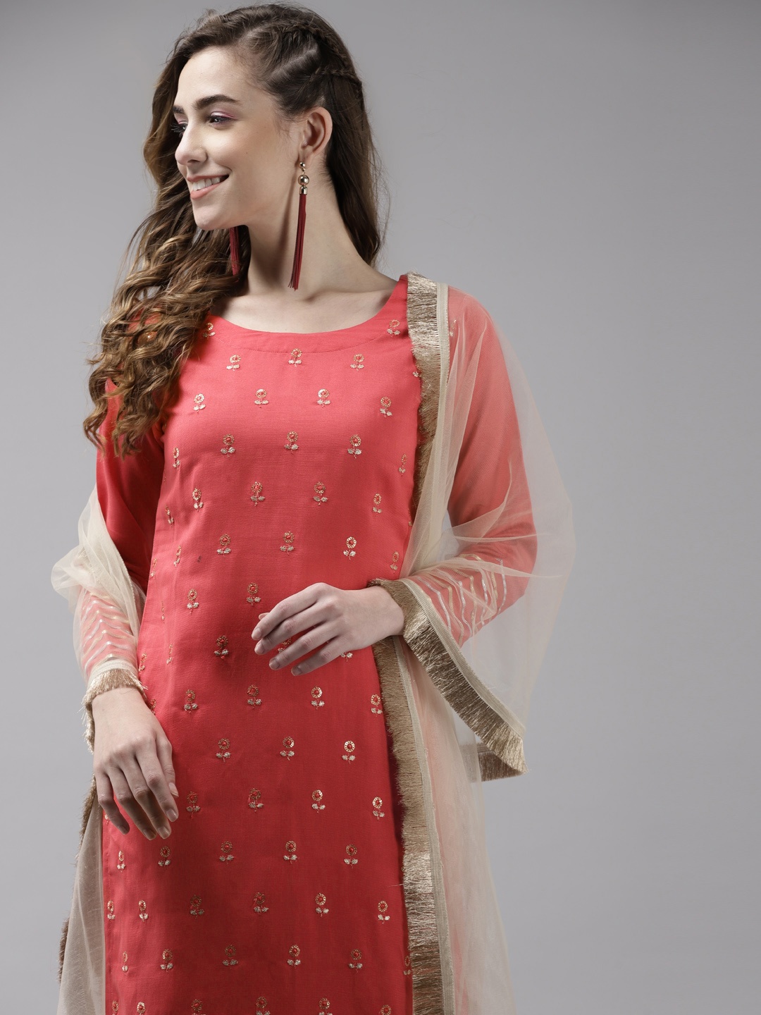 

Indo Era Women Pink & Golden Ethnic Motifs Embroidered Kurta with Palazzos & With Dupatta