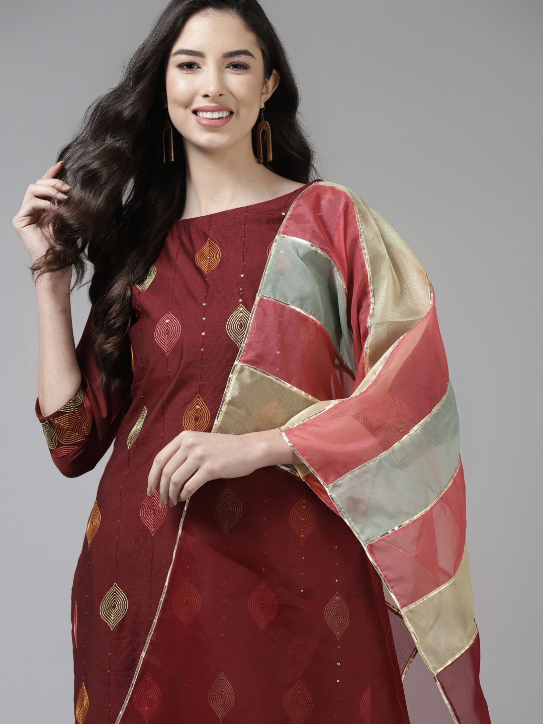 

Indo Era Women Maroon & Beige Ethnic Motifs Embroidered Kurta with Trousers & With Dupatta