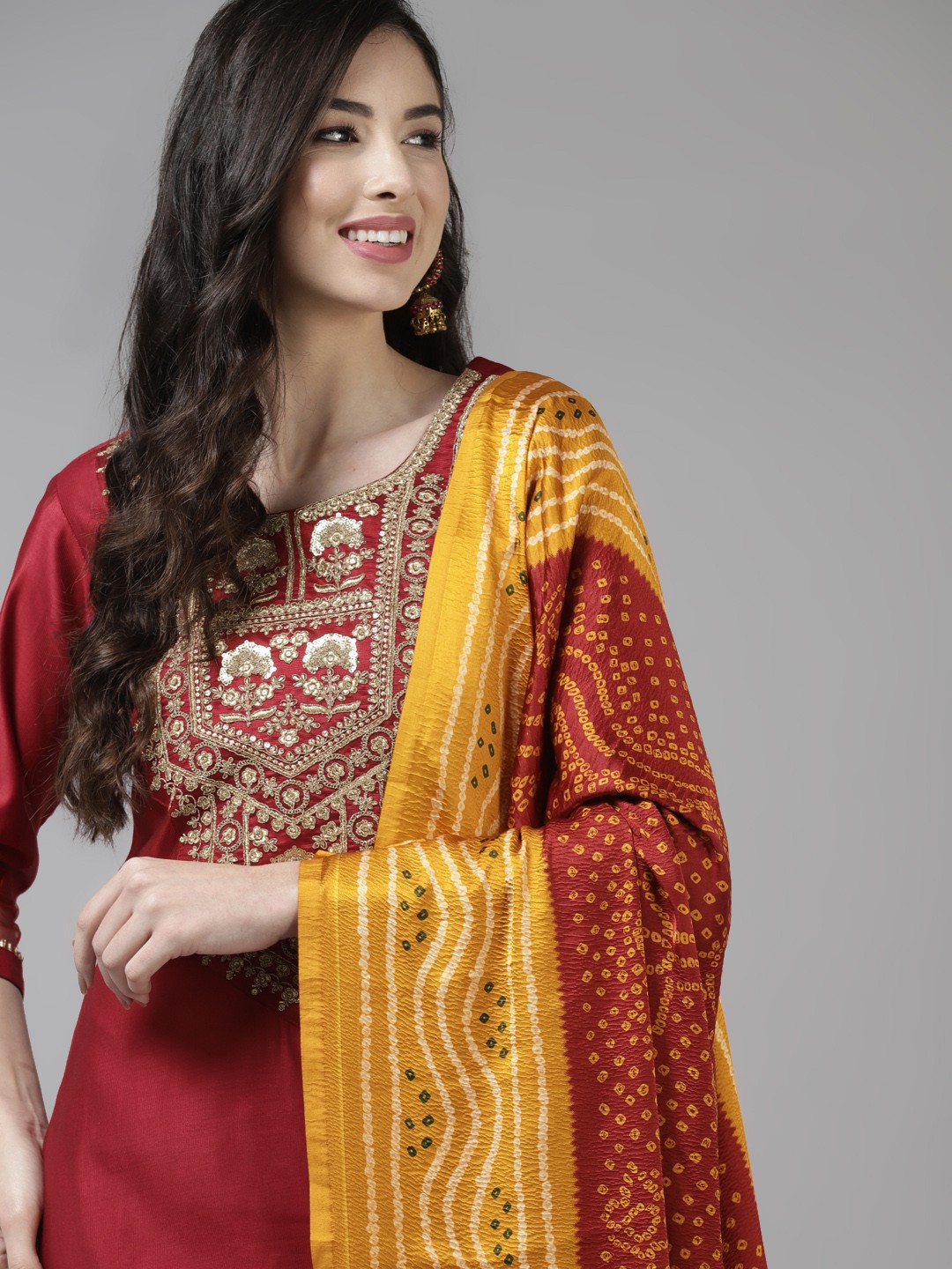 

Indo Era Women Red Ethnic Motifs Embroidered Kurta with Palazzos & With Dupatta