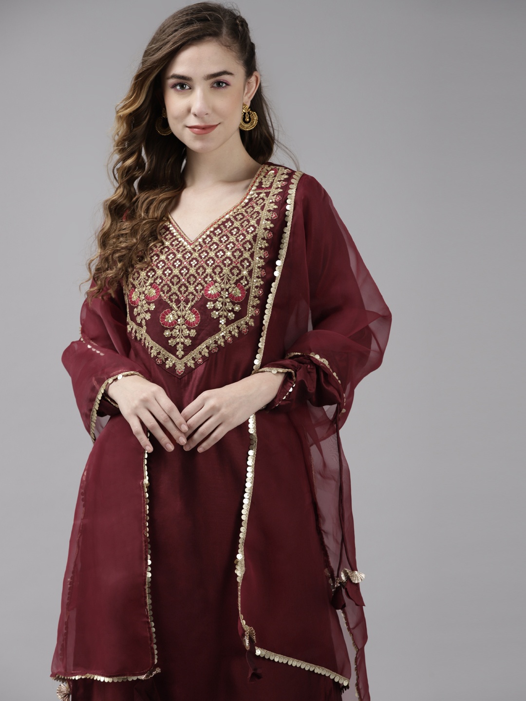 

Indo Era Women Maroon & Golden Embroidered Kurta with Palazzos & With Dupatta